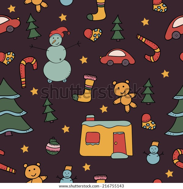 Christmas seamless pattern cartoon snowmen,\
colored toys. Vector\
texture