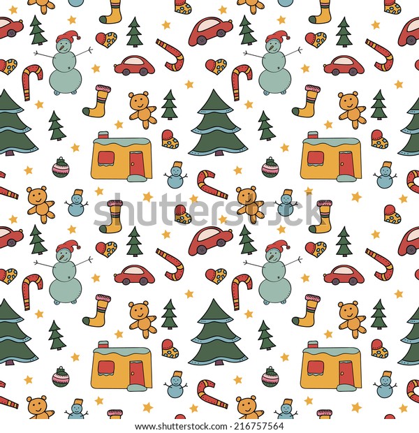 Christmas seamless\
pattern cartoon snowmen, colored toys on a white background. Vector\
repeating texture.