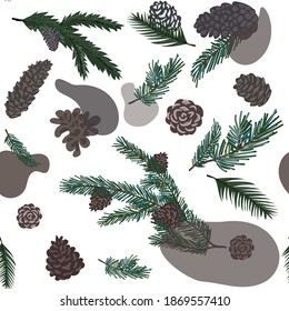 Christmas seamless pattern in cartoon style. It depicts spruce branches, tree cones and abstract spots of brown shades isolated on a white background. Stock vector illustration