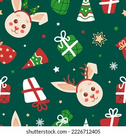 Christmas seamless pattern in cartoon style. Rabbit symbol of Chinese New Year 2023. Gifts, stars, party hats, deer horns, Christmas trees, snowflakes. For wallpaper, fabric, wrapping, background.