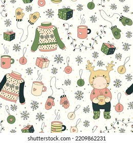 Christmas seamless pattern with cartoon sweaters, mittens, snowflakes, gifts, xmas toys, tea and cute child. Perfect for fabric, wrapping paper, textile, greeting cards