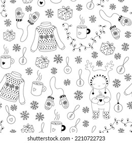 Patrón de Navidad sin fisuras con sudaderas de dibujos animados, mitones, copos de nieve, regalos, juguetes de Navidad, té y niño lindo, contorno blanco y negro. Perfecto para tejidos, papel de envoltura, textiles, tarjetas de felicitación