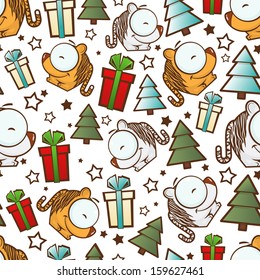 Christmas seamless pattern with cartoon tiger. Vector illustration.
