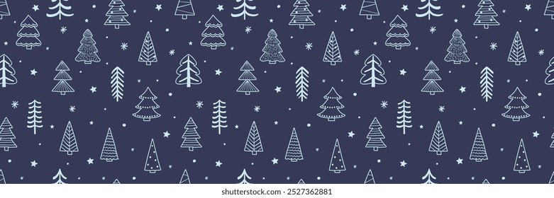 Navidades sin patrón con árboles de dibujos animados y copos de nieve. Fondo de pantalla y diseño de papel de embalaje. Ilustración vectorial