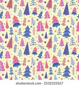Christmas seamless pattern with cartoon trees and snowflakes. Wallpaper and wrapping paper design. Vector illustration
