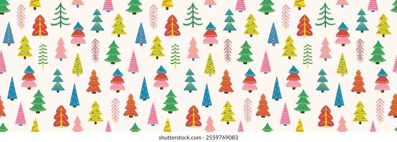 Christmas seamless pattern with cartoon trees. Wallpaper and wrapping paper design. Vector illustration