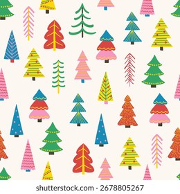 Christmas seamless pattern with cartoon trees. Wallpaper and wrapping paper design. Vector illustration