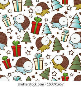 Christmas seamless pattern with cartoon turtles. Vector illustration.