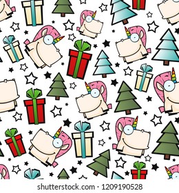 Christmas seamless pattern with cartoon unicorns. Vector illustration.
