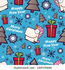 Christmas seamless pattern with cartoon unicorns. Vector illustration.