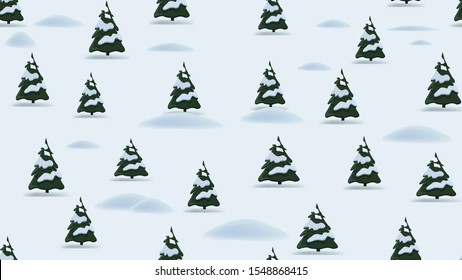 Christmas seamless pattern with cartoon winter landscape, pines and drifts