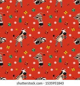 Christmas seamless pattern with cartoon zebras and gifts on red background. Bright design for festive wrapping paper. Vector illustration