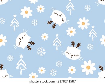 Christmas seamless pattern with cat cartoons, pine tree, daisy flower and snowflakes on blue background vector illustration. 