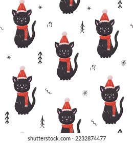 Christmas seamless pattern with cat in Santa red hat and scarf