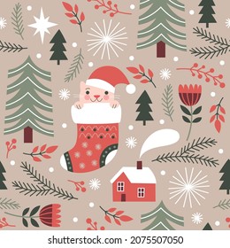 Christmas seamless pattern with cat in sock, trees and xmas elements	
