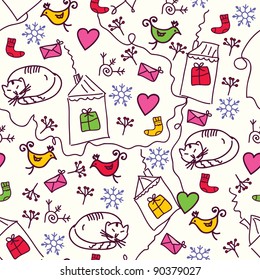 Christmas seamless pattern with cats and birds