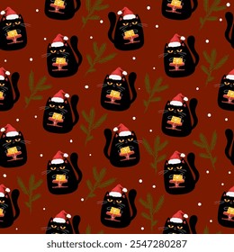 Christmas seamless pattern with cats and gift boxes. Hand drawn seamless background with cats