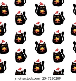 Natal padrão sem emenda com gatos e caixas de presente. Fundo sem costura desenhado à mão com gatos