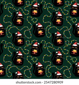 Christmas seamless pattern with cats and gift boxes. Hand drawn seamless background with cats