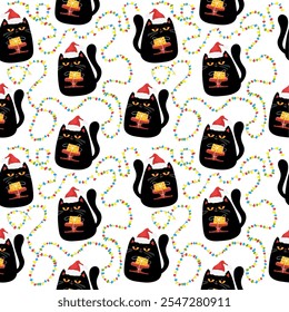 Christmas seamless pattern with cats and gift boxes. Hand drawn seamless background with cats