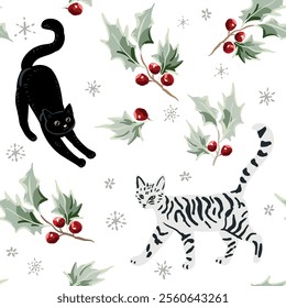 Christmas seamless pattern, cats, holly twigs with red berries, snowflakes, white background. Vector illustration. Nature design. Season greeting. Winter holidays