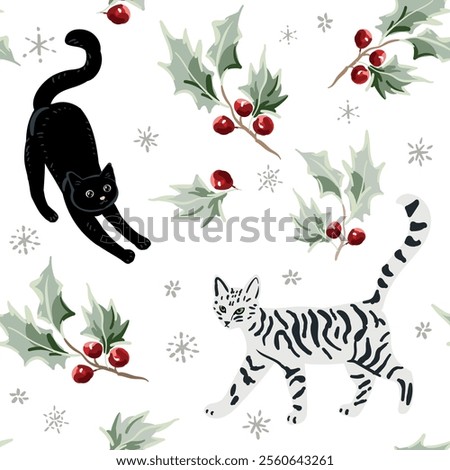 Christmas seamless pattern, cats, holly twigs with red berries, snowflakes, white background. Vector illustration. Nature design. Season greeting. Winter holidays