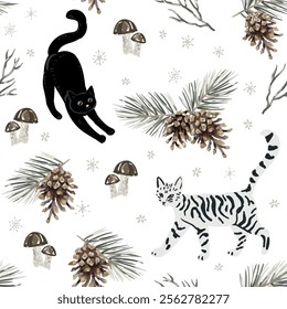 Christmas seamless pattern, cats, pine twigs with cones, mushrooms, snowflakes, white background. Vector illustration. Nature design. Season greeting. Winter holidays