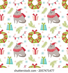 Christmas seamless pattern with cat,wreath, gift isolated on white background. Vector flat illustration. Design for backdrop, wrapping, wallpaper, textile, packaging