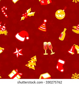 Christmas seamless pattern with celebration objects. Background with Santa's hat, Christmas tree, champagne bottle, glasses, bells, gingerbread house, star, decoration ball, stocking, cane, gift box