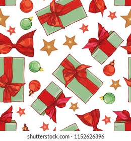 Christmas seamless pattern of the celebratory gift, boxes with bows and ornaments. Vector elegant background
