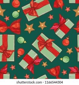 Christmas seamless pattern of the celebratory gift, boxes with bows and ornaments. Vector elegant background