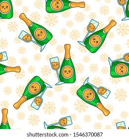 Christmas seamless pattern with champagne, celebratory drink - bottle sparkling wine, endless texture for textile, scrapbook or wrapping paper, cute new year decoration - vector