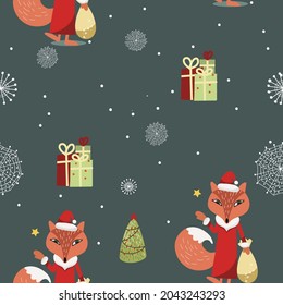 Christmas seamless pattern with a chanterelle in a Santa Claus costume, gifts and a Christmas tree, on a dark green background.
