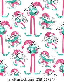 Christmas seamless pattern - cheerful funny gnomes are preparing for the New Year. Christmas tree, garland, gifts. Vector repeating color illustration for children.