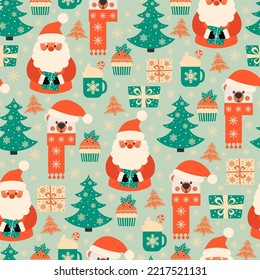 Christmas seamless pattern with cheerful Santa Claus and gift. Vector design template. Season greeting.