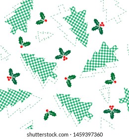 Christmas seamless pattern of chess trees and holly branches, concept of Christmas and New Year