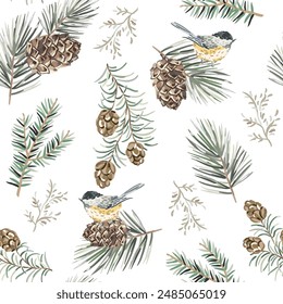 Weihnachtsmusiken nahtlose Muster, Chickadee Vögel, grüne Zweige, Kiefernzapfen, weißer Hintergrund. Vektorillustration. Natur-Design. Gruß der Saison. Winter Weihnachtsferien