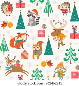 Christmas seamless pattern for children with cute forest animals, gift boxes, Christmas trees and snowflakes.