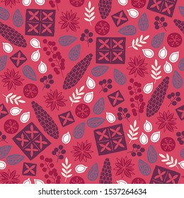 Christmas seamless pattern with chocolate, berries, anise, leaves, branches, cones, oranges on red background. Scandinavian style. Perfect for greeting cards, wallpaper, gift paper, winter decorations