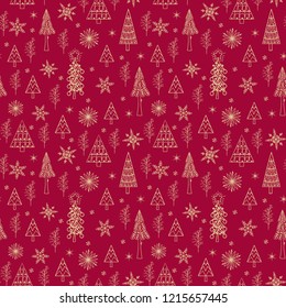 Christmas Seamless Pattern With Christmas-tree And Snowflakes. Red And Gold Wrapping Paper Texture. Happy New Year Wallpaper. Fabric Print. Winter Background For Wedding And Festival. Retro Style.