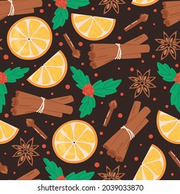 Christmas seamless pattern. Cinnamon, orange, clove, anise and mistletoe. Winter holidays concept.