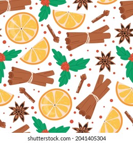 Christmas seamless pattern. Cinnamon, orange, clove, anise and mistletoe. Winter holidays concept.