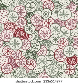 Patrón de Navidad sin fisuras de círculos y copos de nieve para tarjetas de felicitación, papel de envoltura. Doodles. Resumen del patrón invernal.  Ilustración vectorial.