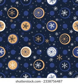 Christmas seamless pattern from circles and snowflakes for greeting cards, wrapping paper. Abstract winter pattern. Vector 