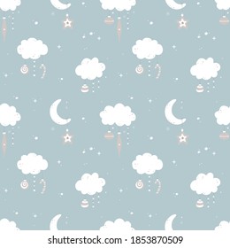 Christmas seamless pattern with clouds, moon, stars and xmas ball. Vector illustration.