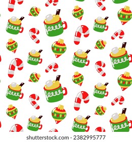 Christmas seamless pattern with cocoa mug, Christmas candies, Christmas tree toys. Vector flat texture. Cute and bright seamless pattern for winter holiday. Use as packaging, printing on textiles