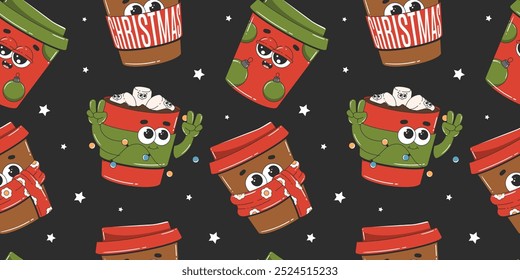 Christmas seamless pattern with coffee cups in cartoon groovy style. Background design with cute characters for cafeteria, coffee shop or restaurant.