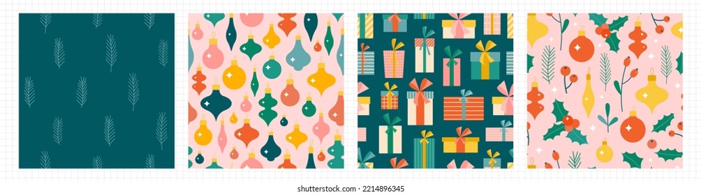 Christmas seamless pattern collection. Cute flat fir, bauble, floral and gift box backgrounds for wrapping paper and other Xmas design. Sparkling festive wallpapers for New Year celebration.