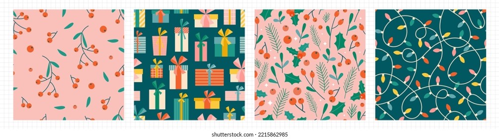 Colección de patrones sin fisuras de Navidad. Berry plana, caja de regalo, luces y fondos florales para envolver papel y otro diseño de Navidad. Papel mural festivo para la celebración de Año Nuevo.