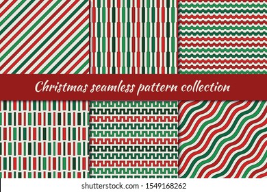 Christmas seamless pattern collection. Holiday backgrounds set. Print kit in traditional colors. Zigzag lines, diagonal pinstripe, wavy stripes motif. Classic geometric ornaments. Vector digital paper